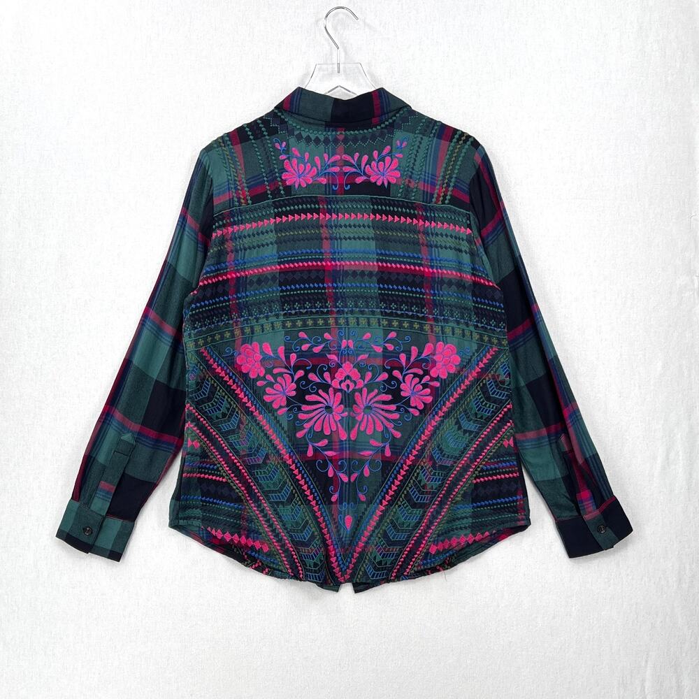 TOLANI COLLECTION Plaid Embroidered Button Up Shirt Womens Medium Green Black - Picture 4 of 16